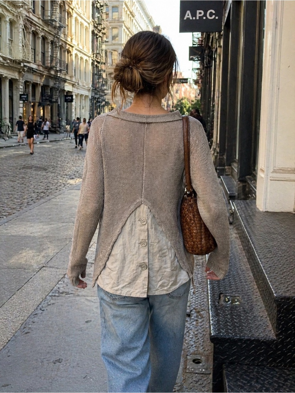 Crea Concept Light Taupe Layered-Back Crew Neck Sweater